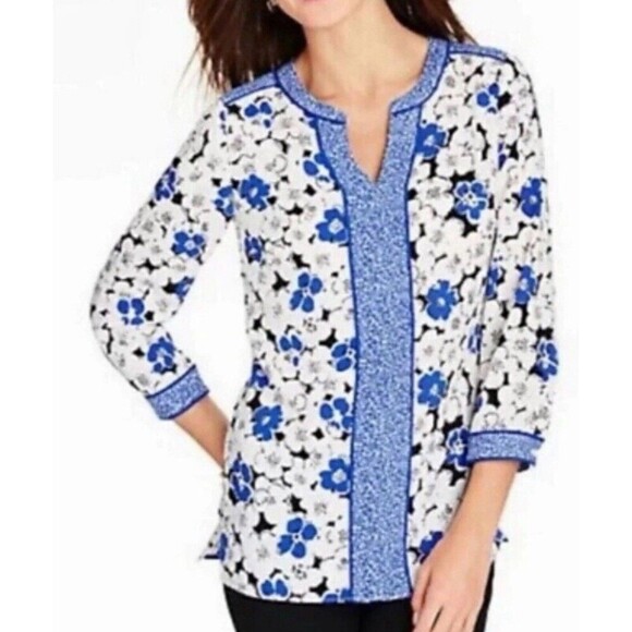 Talbots Floral 3/4 Sleeve Top Womens Small Blue White Notch Neck Popover Preppy - Picture 1 of 9